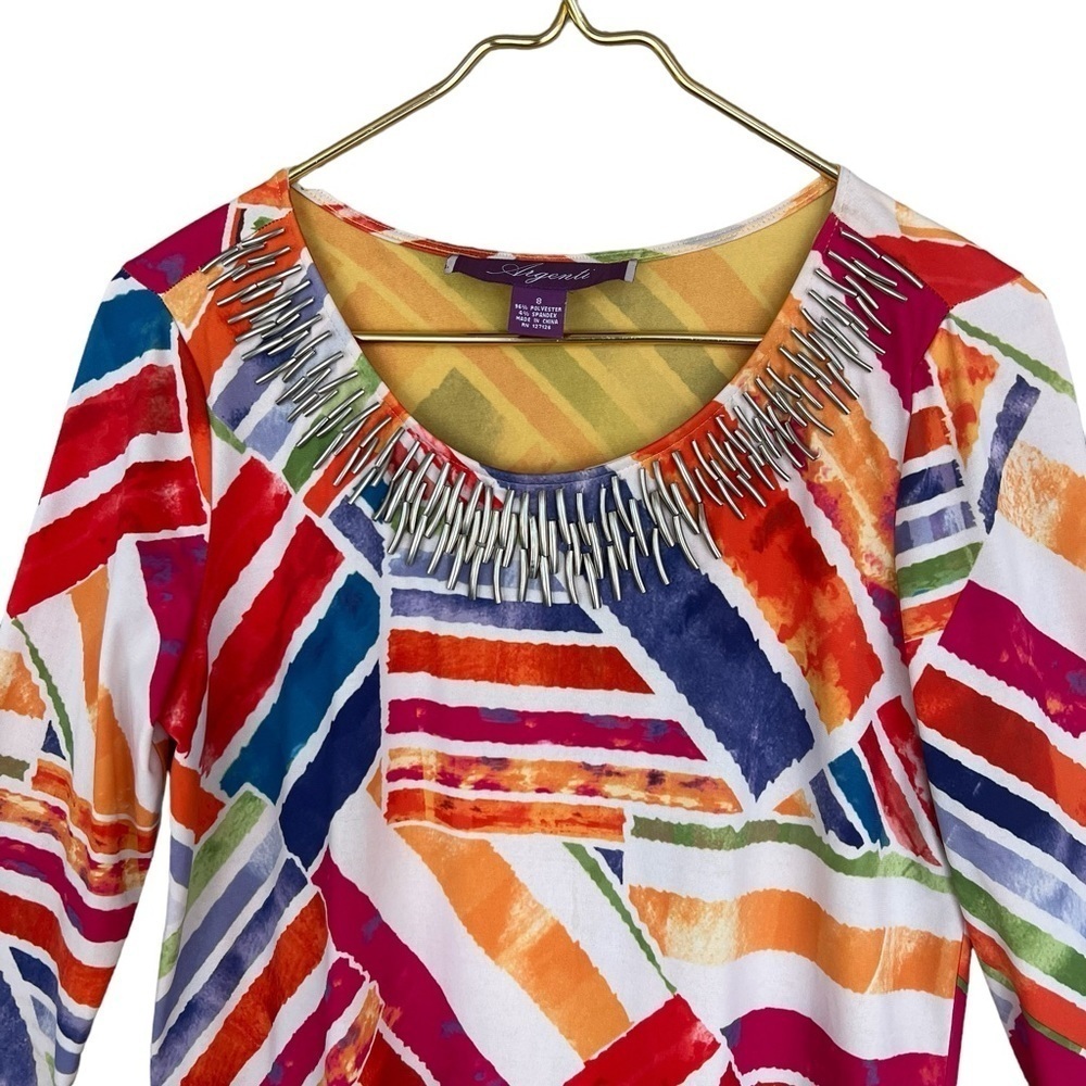 Vintage Argenti Colorful Retro Print Dress Silver Bar Neckline - Picture 2 of 8